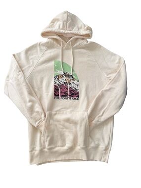 The North Face Women’s Cream Hoodie with Multicolor Mountain Graphic Size L